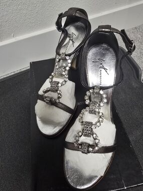 Saks Fifth Avenue Metallic Charcoal Crystal T-Strap Heels